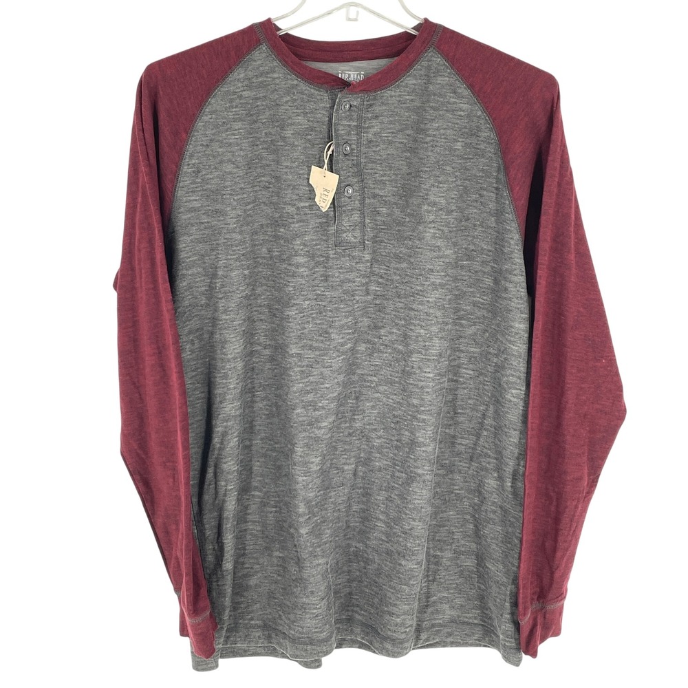 Red Head Brand Co. Mens Long Sleeve‎ Henley Shirt Gray Burgundy L/G Colorblock